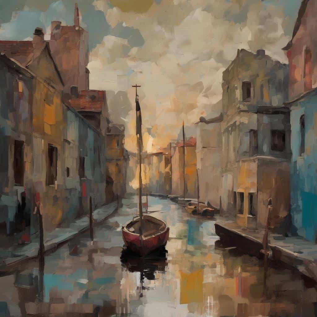 μπορικό κανάλι στη Βενετία, ελαιογραφία πόλης, εικαστική τέχνη και συναίσθημα, ατμοσφαιρική εικόνα, τοπίο πόλης, φιλμ νουάρ.