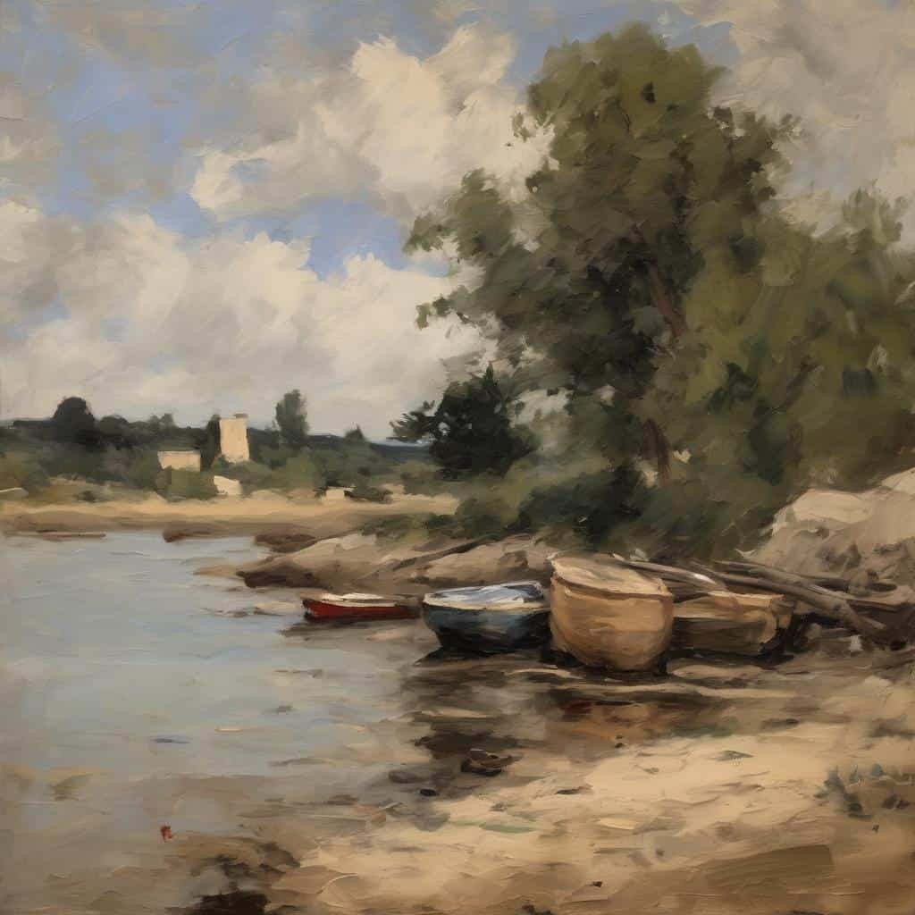 Παλίο λιμάνι με βάρκες και δέντρα κάτω από σύννεφα, εκφραστικότητα και αισθήματα στην εικαστική γλώσσα.