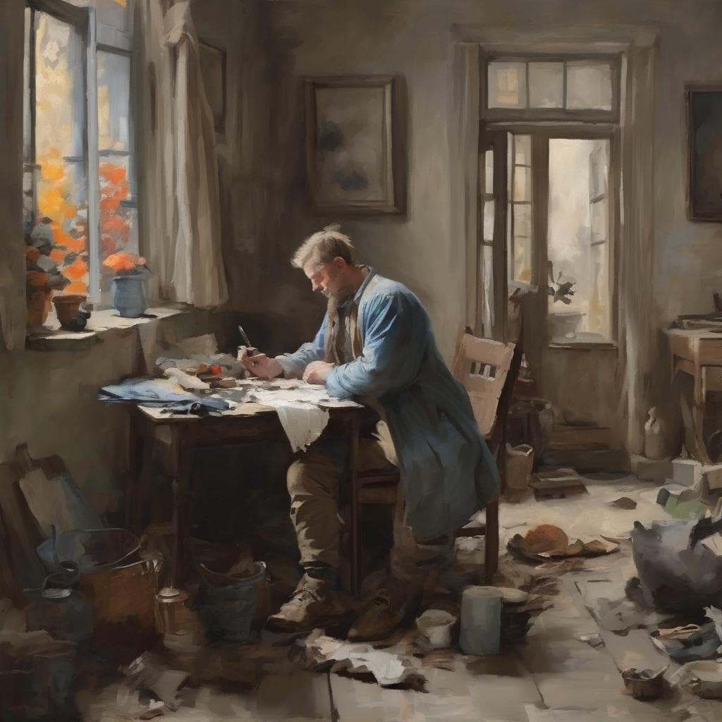 Ανθρωπος σε ζωγραφική εσωτερικού χώρου, καλλιτέχνης δημιουργεί, αισθητική και συναίσθημα.