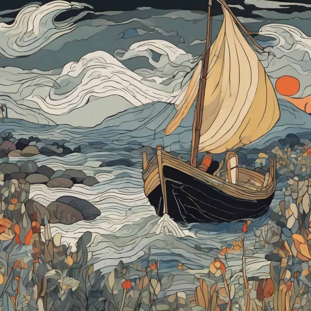 Διακοσμητικό έργο με πλοίο σε θάλασσα με έντονα χρώματα και αφηρημένα στοιχεία.