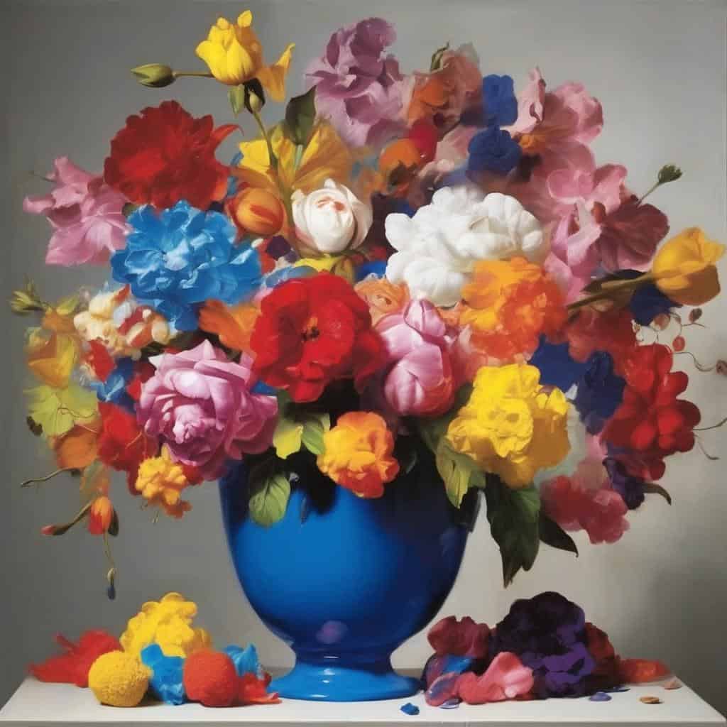 Ζωηρά λουλούδια σε μπλε βάζο, έκφραση συναισθημάτων μέσω εικαστικής γλώσσας, τέχνη και χρώματα.